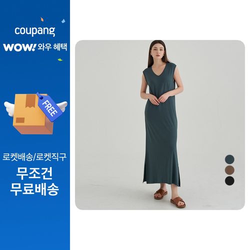 ELLE PARIS 찰랑 레이온 브이넥 민소매 슬림핏 롱 원피스