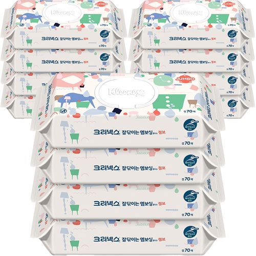 크리넥스 잘닦이는 엠보싱 점보 물티슈 캡형, 70매, 12개