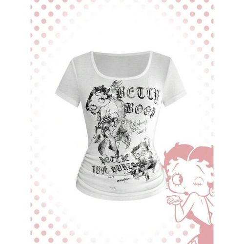 Betty Boop | ROMWE Y2K 배디 봄/여름 콜라보 빈티지 디스트레스드 프린트 크롭 러치드 티셔츠