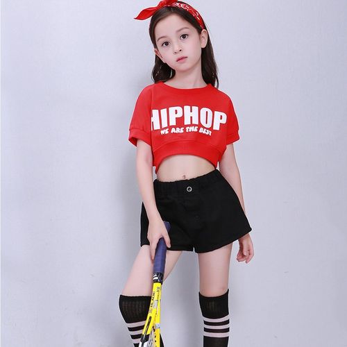 치치차차 아동 댄스복 방송댄스복 - 합합레드블랙반바지세트