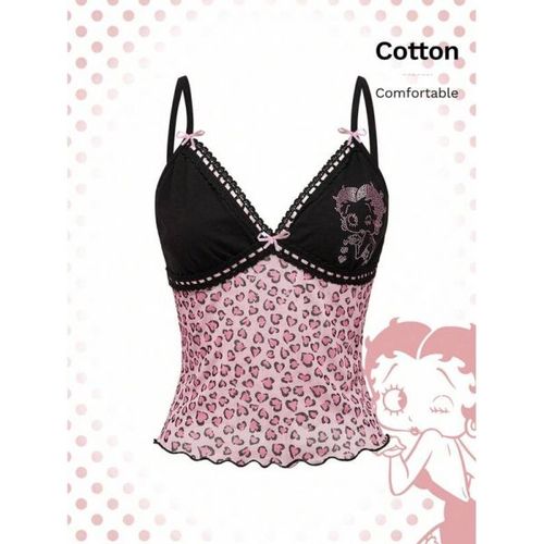Betty Boop | ROMWE 여성용 카툰 캐릭터 라인스톤 패턴 하트 레오파드 프린트 컬러 블록 캐미 탑, 여름용