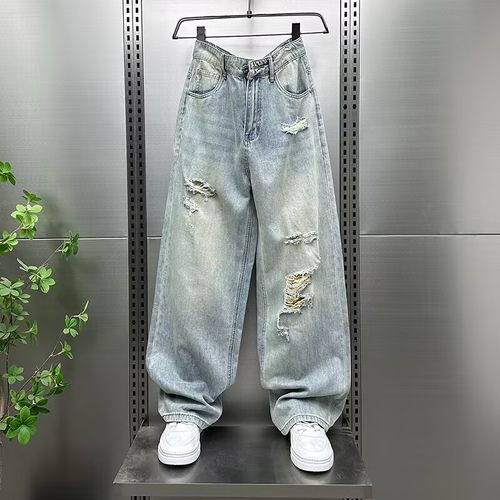 빈티지 스타일의 찢어진 청바지 남성용 루즈핏 여름 신상품 아메리칸 레트로 스트레이트 핏 하렘 팬츠