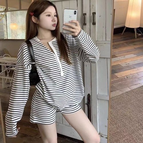 COSYEVNO 여자 여름 반바지 세트 스트라이프 편안 패션 캐주얼 SXQtz-01