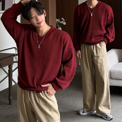 스핀 남자 중골 브이넥 오버 니트지 맨투맨