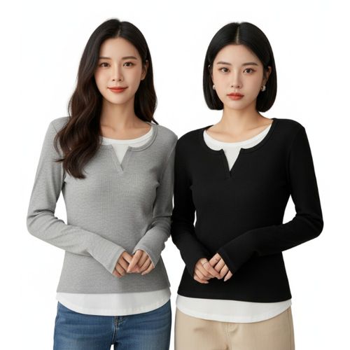 블루앤코 여성 봄 골지 긴팔티 레이어드 티셔츠 세트