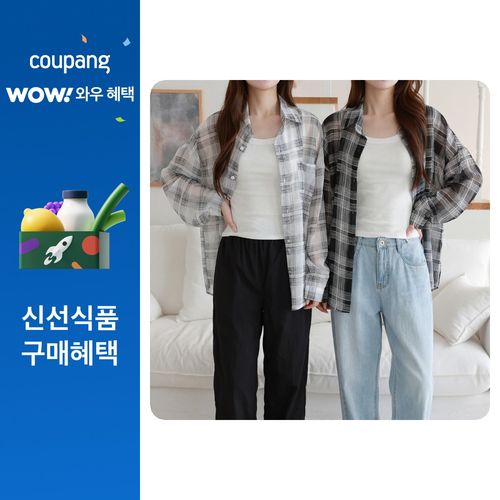시연 1+1 여성용 여름 오버핏 빅사이즈 남방 체크 셔츠 긴팔 블라우스, 화이트+블랙, FREE