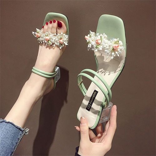 Vzela 여성 여름 스트랩 샌들 투명굽 진주 플라워 장식 하이힐 데일리