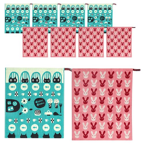 북유럽풍 주방 핸드타올 2종 x 5p 세트, 식탁고양이 청록, 얼굴토끼 핑크, 1세트