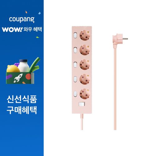 파워존 4000W 고용량 웨이브 개별스위치 과부하차단 5구 멀티탭 콘센트 50cm 1.5m 3m 5m 7m, 개별스위치 5구7m 파스텔핑크, 1개