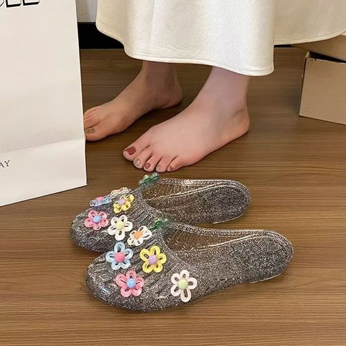 여성 꽃 글리터 젤리 맨투맨 슬리퍼 미끄럼방지 실내외 겸용 비치 샌들