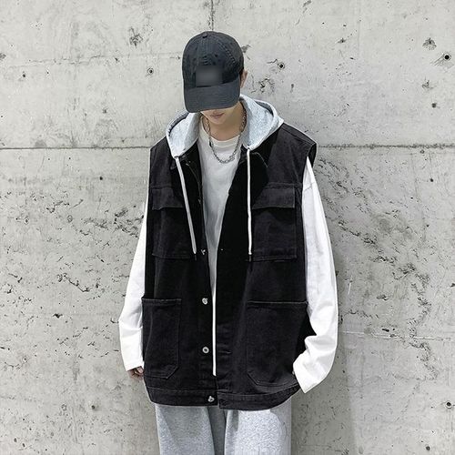 남성 봄 가을 여러 포켓 후드 데님 청 트레이닝 베스트 조끼 루즈핏 오버핏 민소매 청자켓 청점퍼 빅사이즈