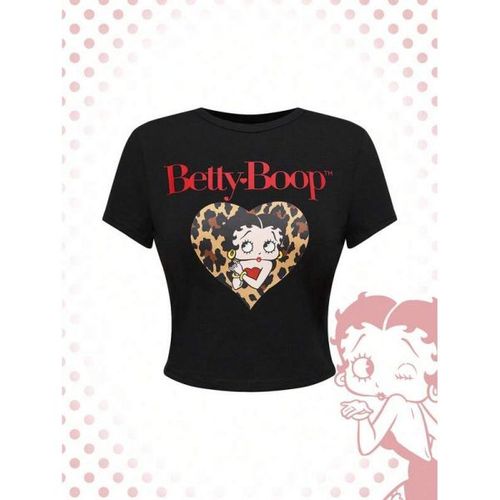 Betty Boop | ROMWE 여성용 레터 및 카툰 캐릭터 그래픽 타이트 크롭 라운드 넥 반팔 티셔츠