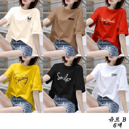 YLEMI 1+1+1+1+1+1 여성 여름 빅사이즈 라운드 레터링 프린트 반팔티셔츠 루즈핏면티셔츠 데일리룩 ~100KG
