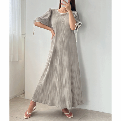 (44~88size) 제나 플리츠 배색 랍빠 리본 퍼프소매 오버핏 맥시 롱 원피스 3color 임산부 빅사이즈