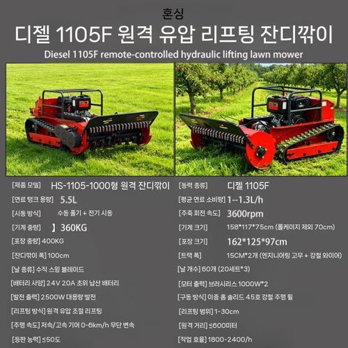 원격 조종 잔디깎이 크롤러 제초 깎는 기계 과수원 숲 잔디 깎기, 1개, 6.디젤1105F절단폭1m(원격유압리프트)