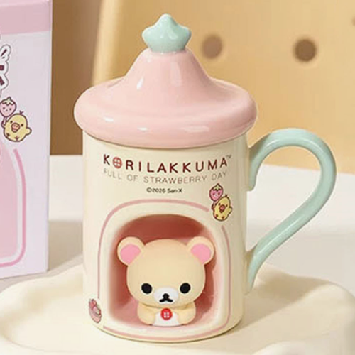 산엑스 코리락쿠마 머그컵 뚜껑 도자기 머그잔 핑크 440ml