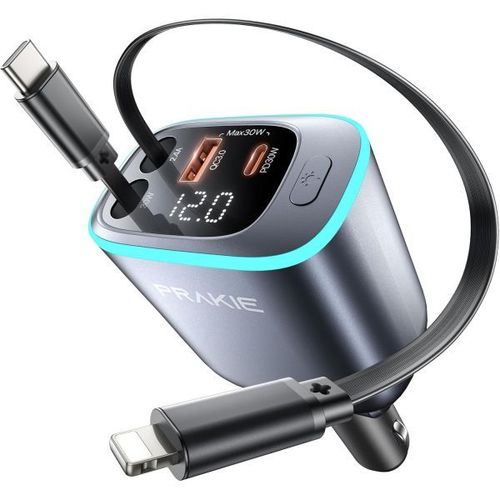 아이폰 차량용 충전기, 접이식 고속 USB C 휴대폰 25인치 케이블 2개와 포트 2개가 포함된 4in1 시가잭 어댑터, 17/16/15/14/13/Pro Max용 멀티 차량