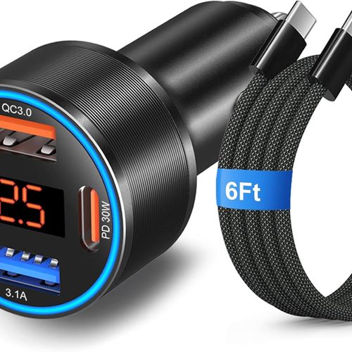 65W 4포트 슈퍼 패스트 Type C 자동차 충전기 Samsung S26S25S24S23용 Android 전화 전압 표시가 있는 12V USB 시가잭 어댑터 Galaxy
