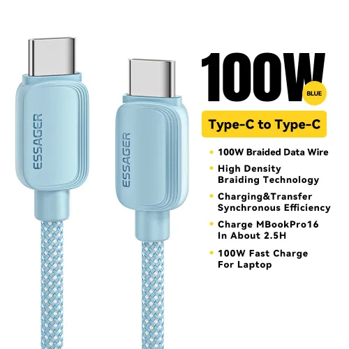 Essager USB C-유형 C 케이블 5A PD 100W Macbook Pro 용 고속 충전 데이터 코드 Samsung Xiaomi Huawei 3M