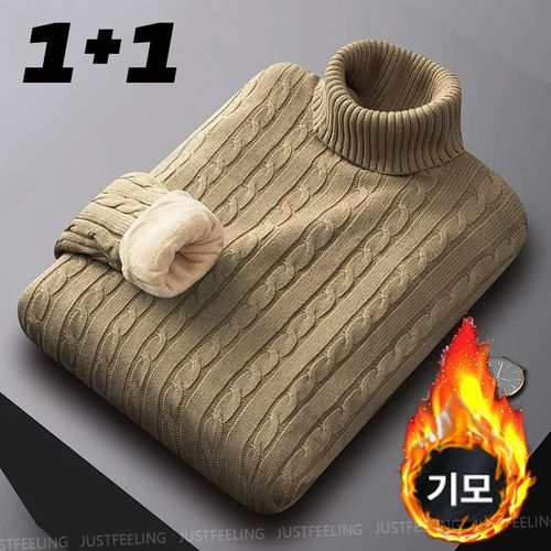 JUSTFEELING 2장세트 (1+1) 기모 니트티셔츠 간절기 보온 남성 꽈배기 빅사이즈 니트티 융털안감 두꺼운 방한 스웨터 상의 85kg까지