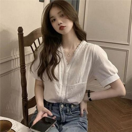 데일리 여성 반팔 블라우스 레이스 브이넥 반팔 블라우스 여름 가을 여성반팔블라우스