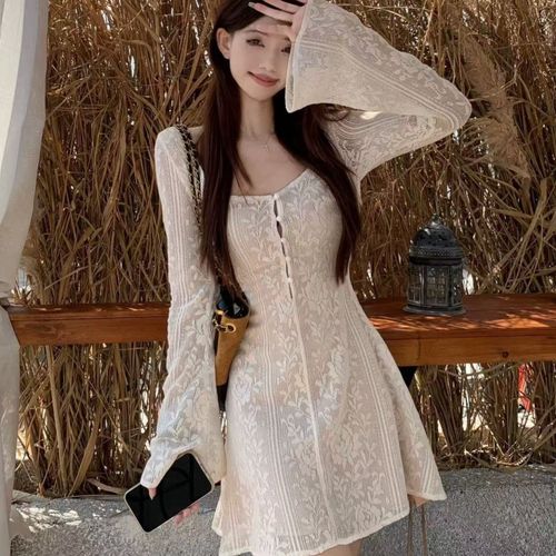 ANYOU 펀칭 레이스 나팔 소매 조임 슬림핏 긴팔 스커트