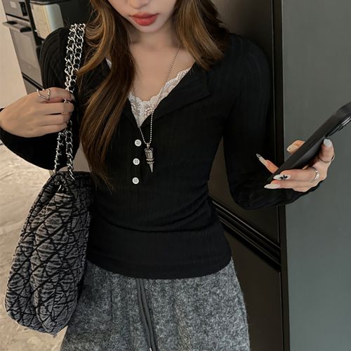 마켓에이 여성용 골지 레이스 레이어드 긴팔 티셔츠 M263-0024