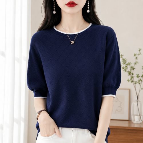 루미빈 여성 순면 라운드넥 다이아 배색 루즈핏 체형커버 여름 니트티