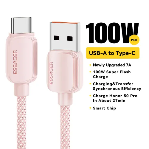 Essager 7A 100W USB 유형 C 케이블 Huawei Honor 88W PD 고속 충전 Xiaomi Oneplus Samsung 용 데이터 코