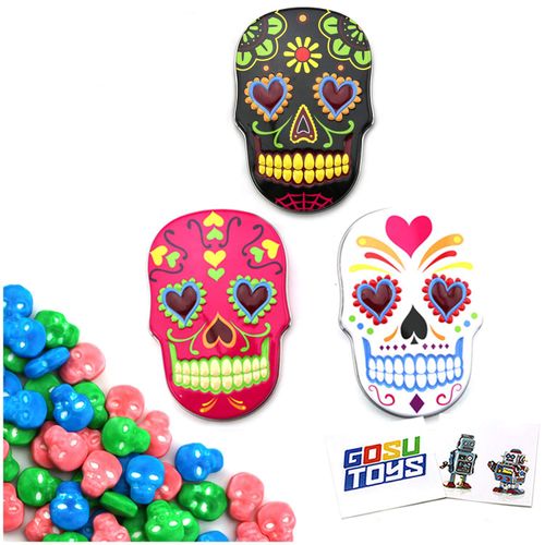 슈가 스컬 틴 캔디 (3개 팩) 축제 달콤한 맛 해골 모양 Sugar Skulls Tin Candy (3 Pack) Festive Sweet Flavor Skill Shaped