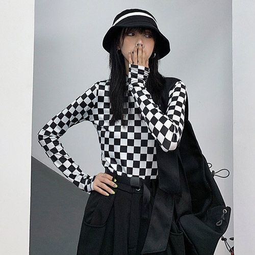 라쿤걸 하이넥 체스패턴 런웨이 티셔츠 KH368