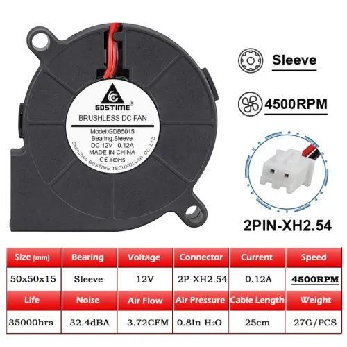 Gdstime DC 5V 12V 24V 50x50x15mm 듀얼 볼 쿨러 2Pin USB 방사형 팬 5015 터보 송풍기 3D 프린터 냉각 용