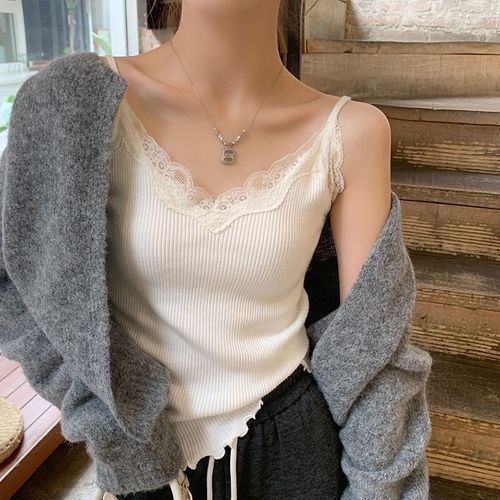 프렌치 여름 레이스 나시 브이넥 정장 이너 티셔츠 여자 골지 나시 패션 여성 끈 나시티YJW