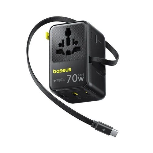 Baseus GaN 충전기 범용 여행용 어댑터 내장 70W 접이식 케이블 2AC 2 USB-A Type-C 고속 충전 EU/UK/USA/AUS