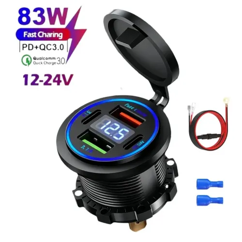 방수 4포트 차량용 충전 소켓 LED 라이트 링 디지털 전압계 듀얼 PD & QC3.0 고속 충전 12V/24V 자동차 및