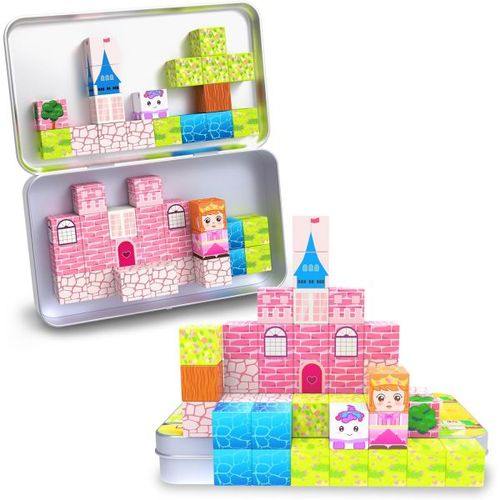 어린이용 미니 마그네틱 블록 45PCS 여행용 마그네틱 빌딩 블록 큐브아이언 박스 포함 유아용 자석 쌓기 장난감 공주 감각적인 몬테소리 구성 장난감.