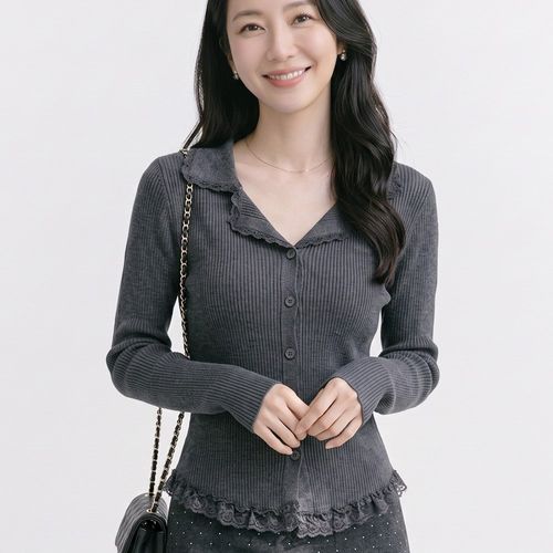 나바바 NK3749 여성 슬림핏 골지 레이스 카라 니트티