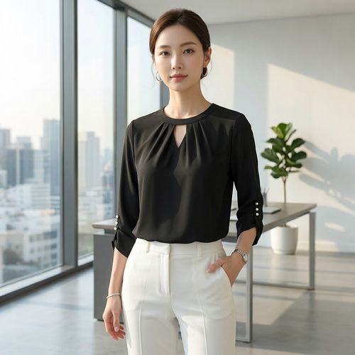cheibear 여성 키홀 러치드 주름 3/4슬리브 시폰 블라우스 무지 드레시 오피스 출근용 비즈니스 봄가을 캐주얼 데일리 탑 상의