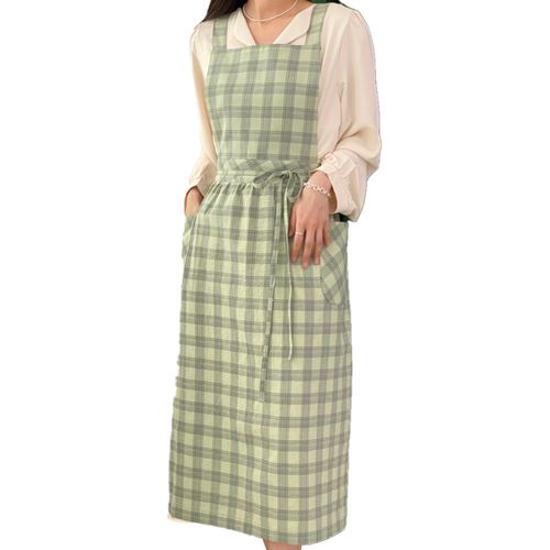 한스데이 수채화 체크 린넨 롱 원피스 앞치마