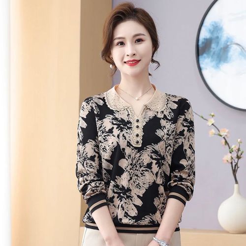 ZIVIA 중년 여성 니트 블라우스 꽃무늬 레이스 칼라 긴소매 봄 가을
