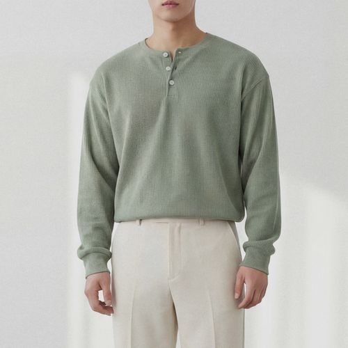 더베이직샵 남성용 스판 오버핏 골지 헨리넥 라운드 긴팔 니트