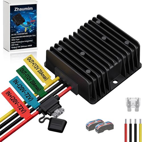 20A 240W 24V 36V 48V 60V to 12V 스텝다운 컨버터 전압 조절기 퓨즈가 포함된 20-72V DC-DC 벅 리듀서 골프 카트 스쿠터 RV 지게차 태양광 시스템용