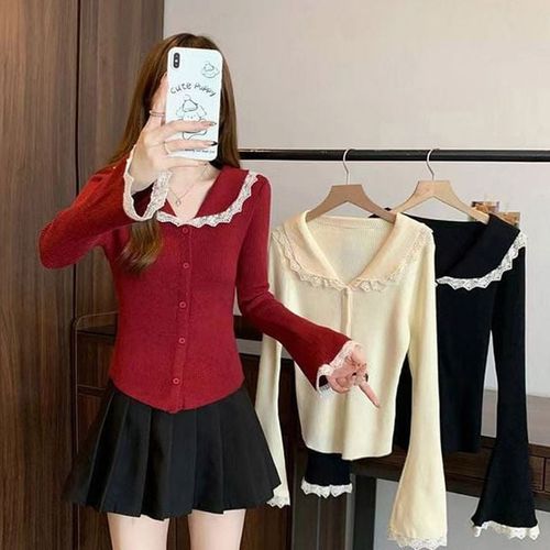 레이스 포인트 여성 슬림핏 골지 카라 가디건 117815