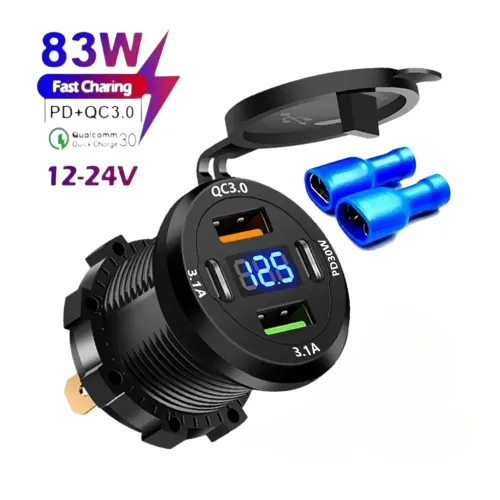 12V 24V 차량용 고속 충전기 소켓 4 포트 듀얼 PD30W QC3.0 USB 디지털 전압 디스플레이 오토바이 트럭용