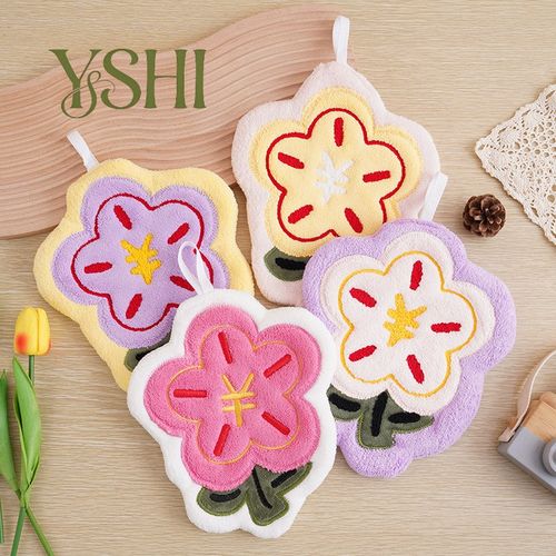 YSHI 코랄 플리스 꽃 모양 타월 귀여운 작은 타월 보풀 없는 초강력 흡수력 주방 욕실용 걸 수 있는 손타월 유첸화 꽃 손수건