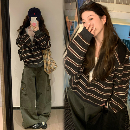아키무 여성 스트라이프 후드집업 오버핏 빈티지 캐주얼 가디건 크롭 데일리 점퍼