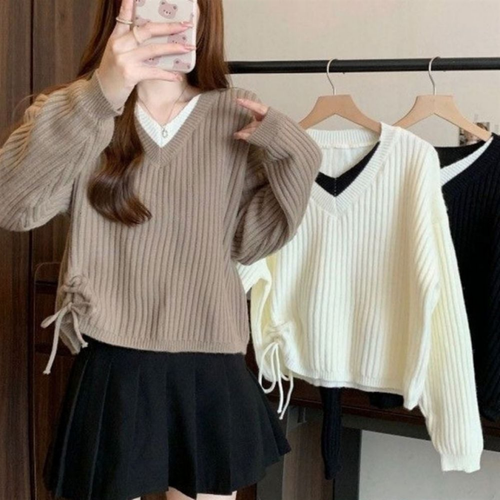 데일리 코디 여성 레이스업 두톤 딥브이넥 골지 니트