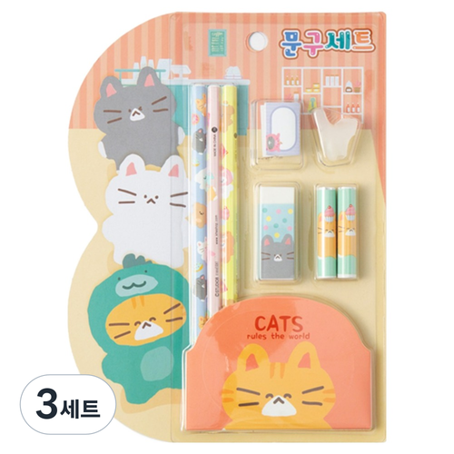 푸딩프렌즈 문구 세트 유부 고양이, 혼합색상, 3세트