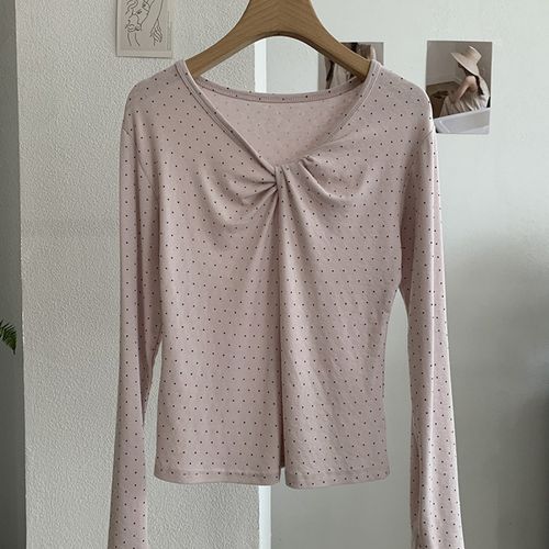 해피유통 봄 가을 여성용 브이넥 도트 장식 긴팔 티셔츠 슬림핏 옷