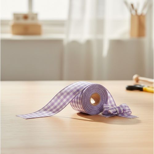 가고 체크 포장용 리본끈 15mm 보라 핸드메이드리본